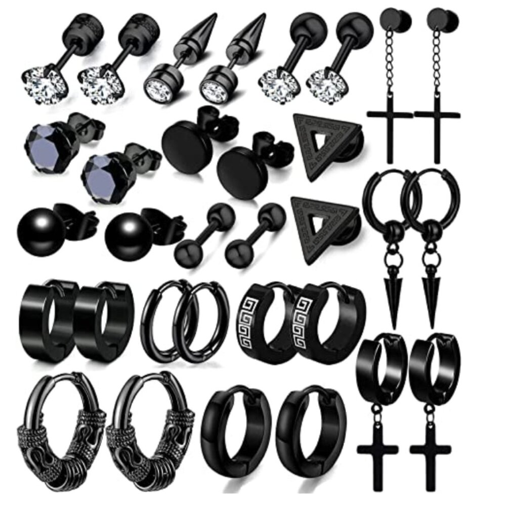 16 pairs Black Stainless Steel Cross Dangle Hoop & Ear Stud for Men